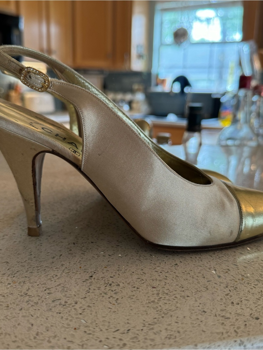 VINTAGE Chanel Champagne Satin and Gold Leather Slingback Pumps - Picture 3 of 8